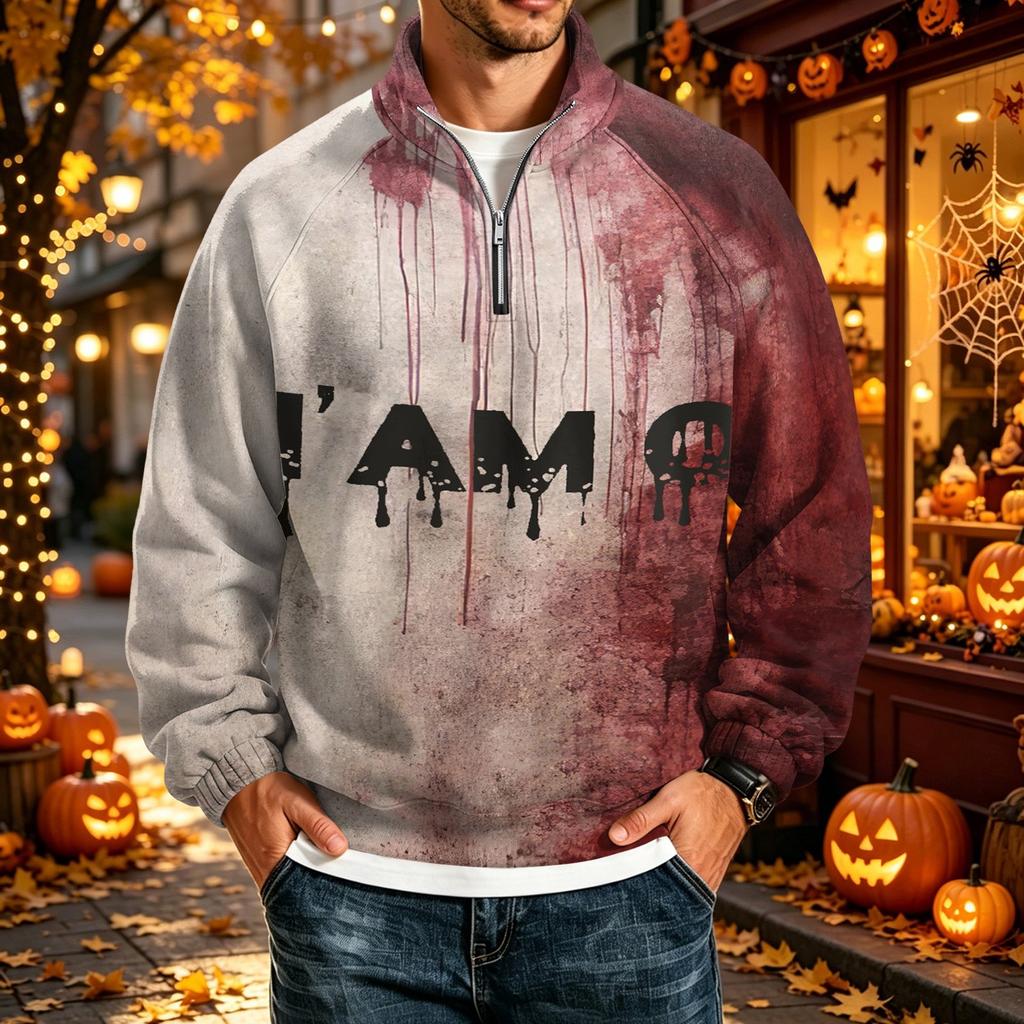 Men's Halloween Print Raglan Sweatshirt Loose Fit Stand Collar Casual Top