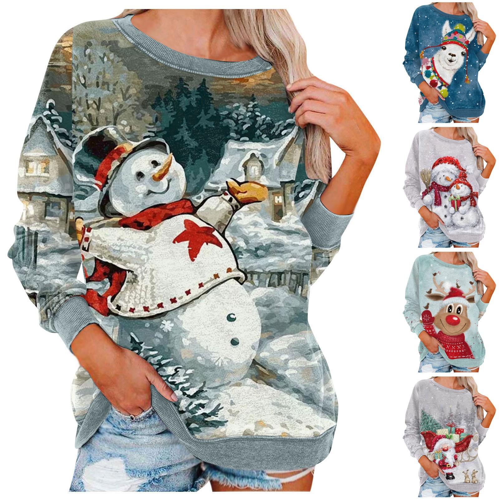 

Женский повседневный модный рождественский принт с длинным рукавом и круглым вырезом, пуловер, топ