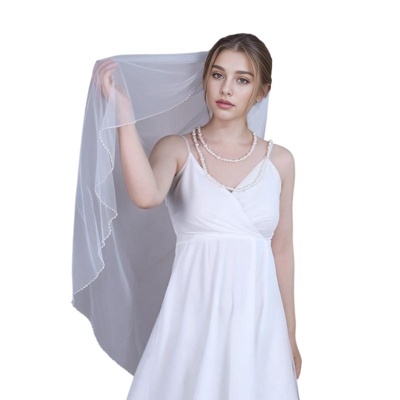 Delicate Sheer Bridal Veils with Hand Sewn Pearls Edging Easy to Wear Hair Comb Design For Wedding Ceremony Dressingup