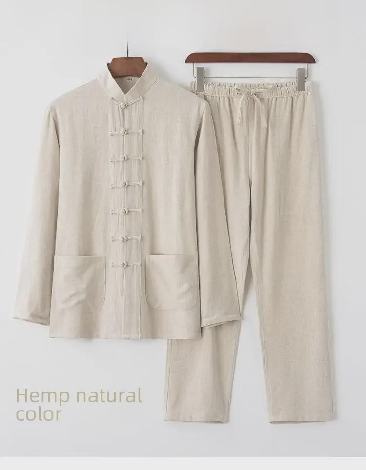 Chinesischer Stil Herren Langarm Baumwoll-Leinen Tang Anzug für mittlere und ältere Jahre - Retro Knöpfe Tai Chi Outfit