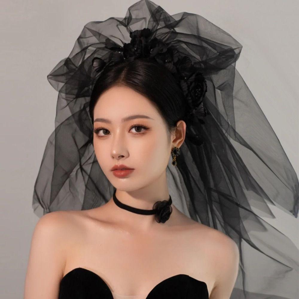 

Head Covering Gothic Bridal Tulle Multi Layer Black Wedding Veil Wedding Photos чорний