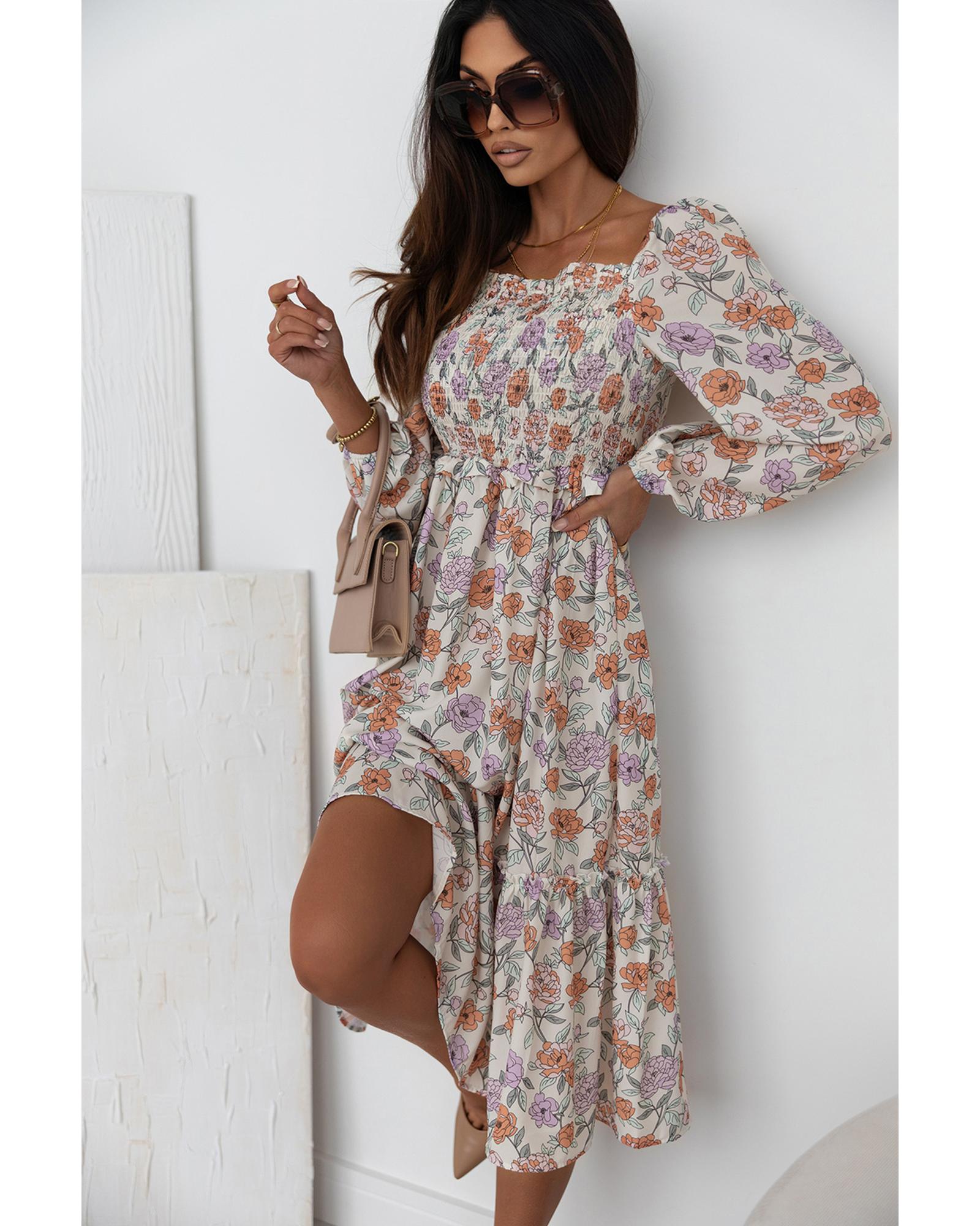 

Azura Exchange Floral Smocked Long Sleeve Pocketed Dress M разноцветный