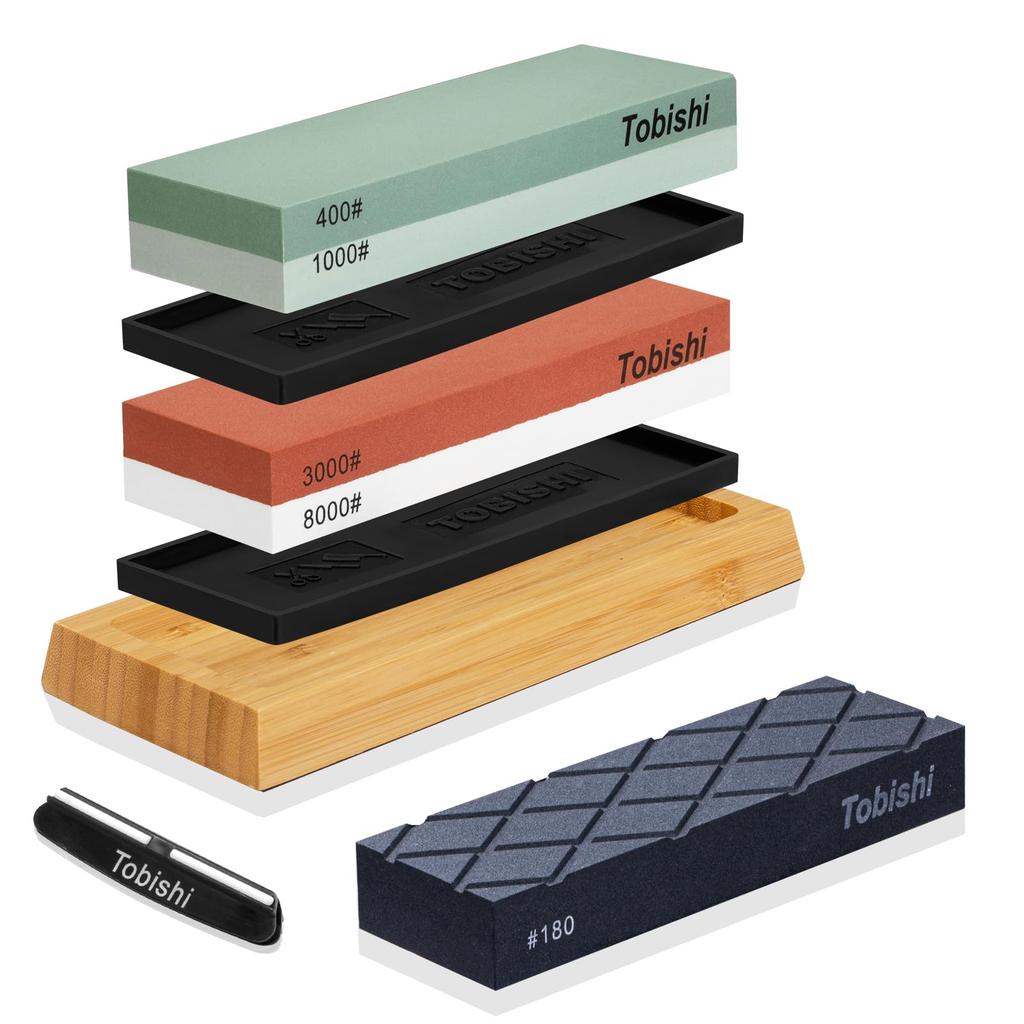 Whetstone Knife Sharpening Stones Surface Bamboo and Fixed Angle Ideal for Home Knife Coarse and Medium Whetstones Set, #400, #1000, #3000, #8000,