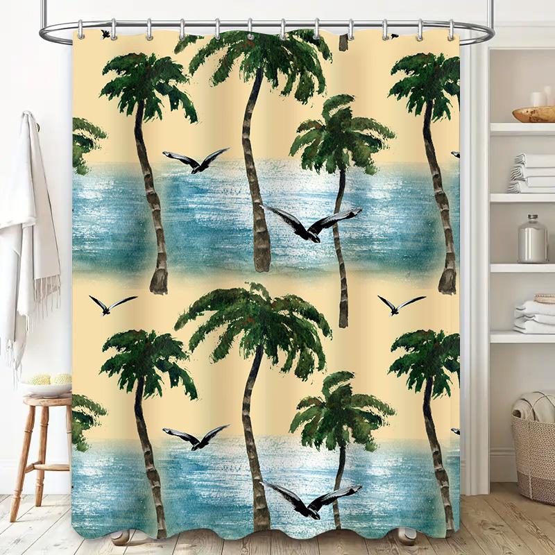 Beach Palm Tree Shower Curtain Watercolor Seagulls Bath Decor Modern Tropical Design Waterproof Fabric for Home Decoration