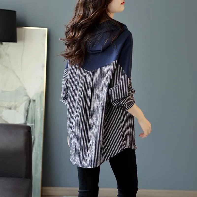 Jarní a podzimní mikina s kapucí, pruhovaná, sešívaná, volný svetr, pulovr s dlouhým rukávem, ležérní volný top