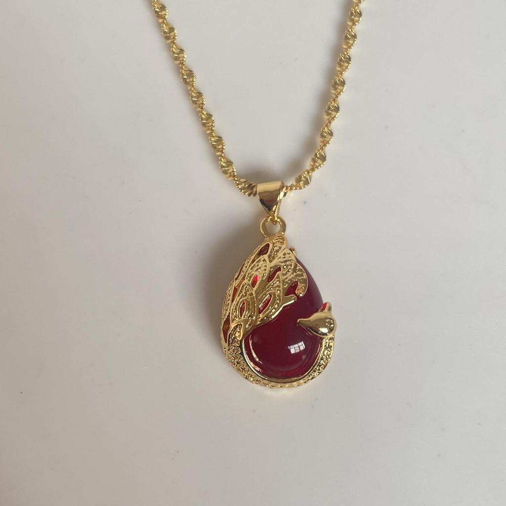 Ethnic Peacock Necklace: Brass Gold-Plated Double Wave with Ruby & Emerald Inlay - Perfect Gift for Mom
