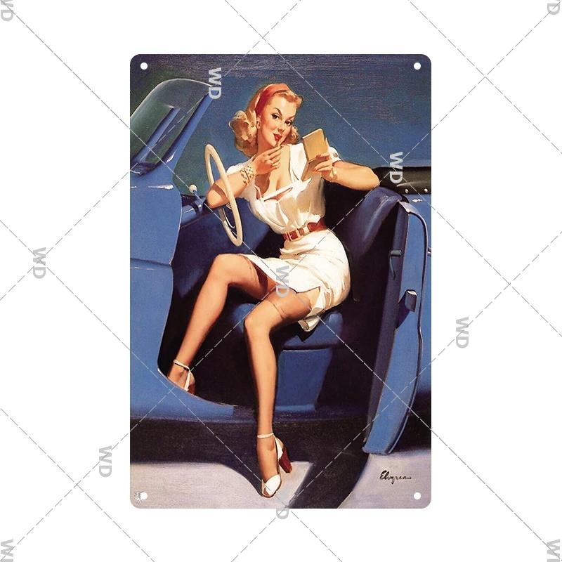 Retro Pin Up Girl Amerikanischer Stil Blechschild Metall Vintage Plakette Wandschilder Metallposter Platte Garage Schlafzimmer Man Cave Geschenk Dekor