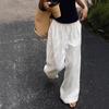 2025 Summer Women's White High-Waisted Wide-Leg Cotton-Linen Trousers