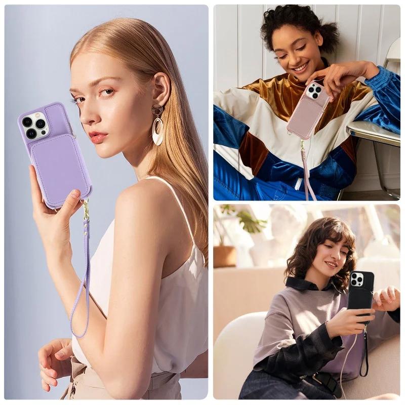 Crossbody Long Strap Leather Phone Case For iPhone 15 Pro Max 14 Plus 13 12 11 Pro Zipper Wallet Card Bag Cover with Lanyard