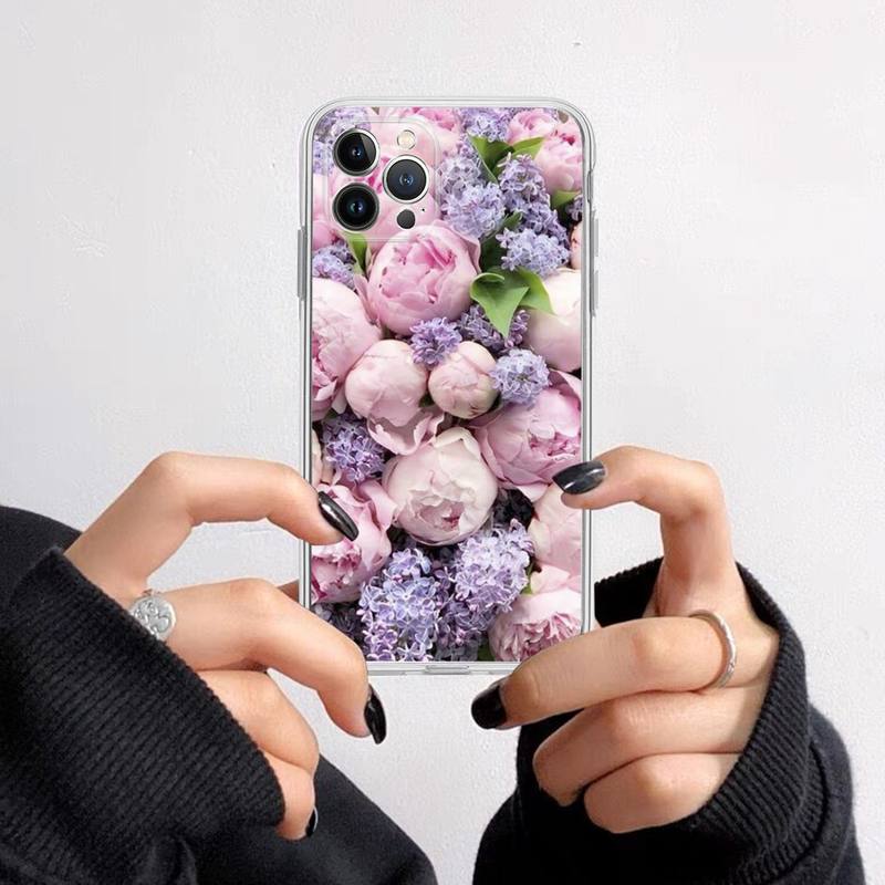 Elegant Pink Purple Peony Flower On the Vase Phone Case For iPhone 14 13 12 11 XS X XR SE 2020 6 7 8 Plus Mini Transparent Shell