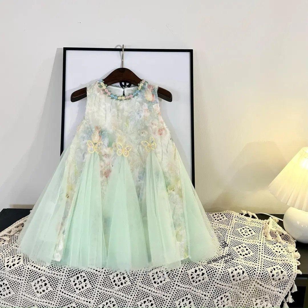 

Летнее платье для девочек, принцесса, без рукавов, сетчатое платье с цветами, платье-боди 130