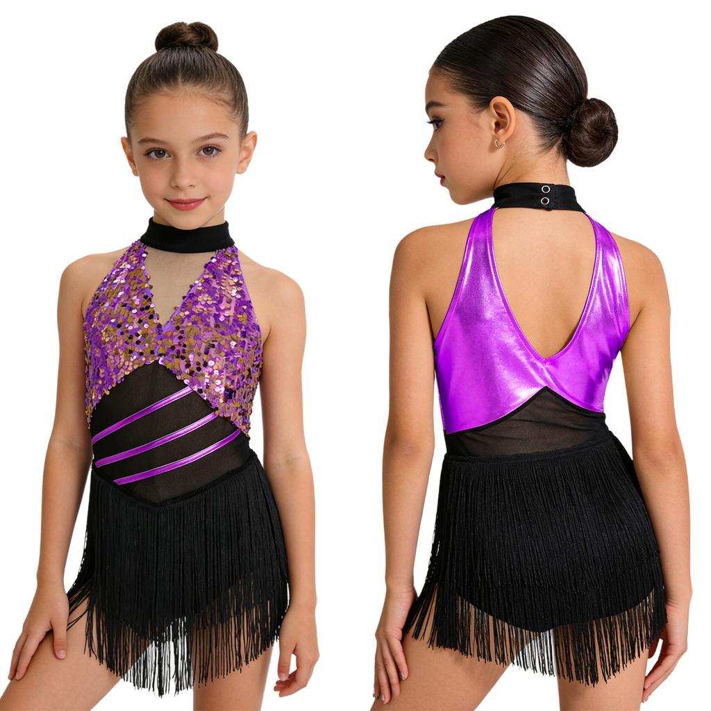 Mädchen Cha-cha Salsa Performance-Leotard: Ärmelloses Neckholder-Kleid mit Pailletten und Fransen, Netz-Taille, Schlüsselloch, Metallic-Rücken für Bühnenkostüm
