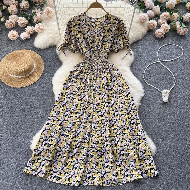 Women Summer Spring Short Sleeve Flower Print V-neck Casual A-Line Ankle-Length High Waist Dress