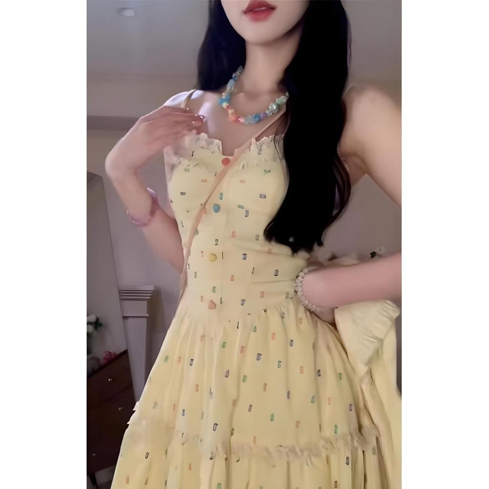 Gentle and Sweet Wind Yellow Floral Suspender Dress Unique and Beautiful Temperament Waist a Word Long Dress Summer