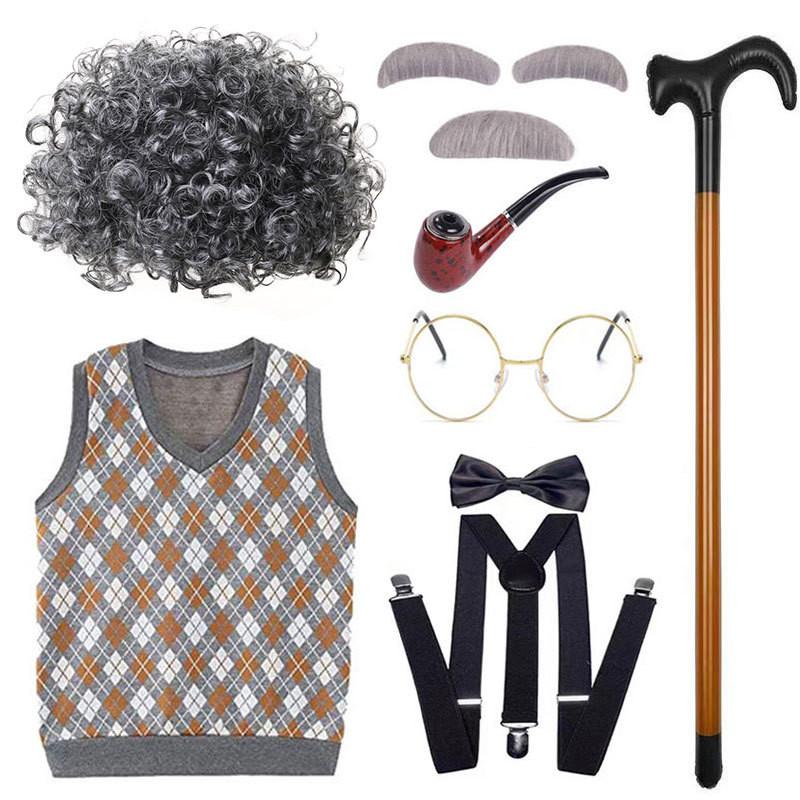 Classic Grandfather Costume Wig Set Featuring Short Soft Curly Hair And Stylish Vest For Kids
