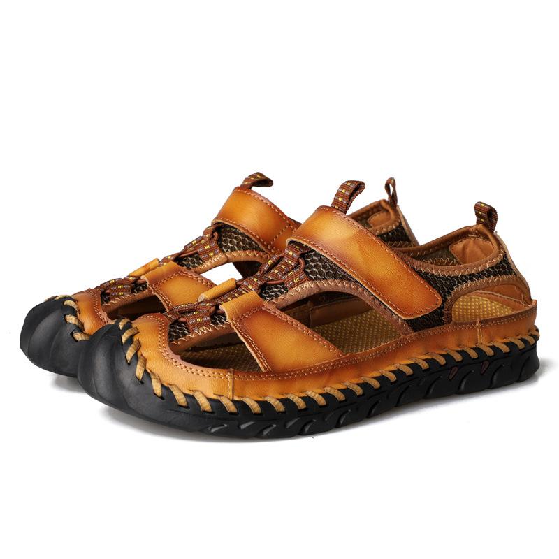 38-48 Casual Summer Breathable Sandals for Men Handmade Hollow Out Flat Leather Sandals Beach Shoes Wading Sandals Genuine Fashion Oxfords