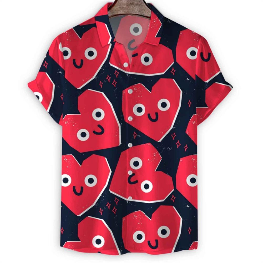 Cartoon 3d Print Love Heart Hawaiian Shirt Men Women Summer Short Sleeve Tees Lapel Button Shirts Tops Street Oversized Blouse