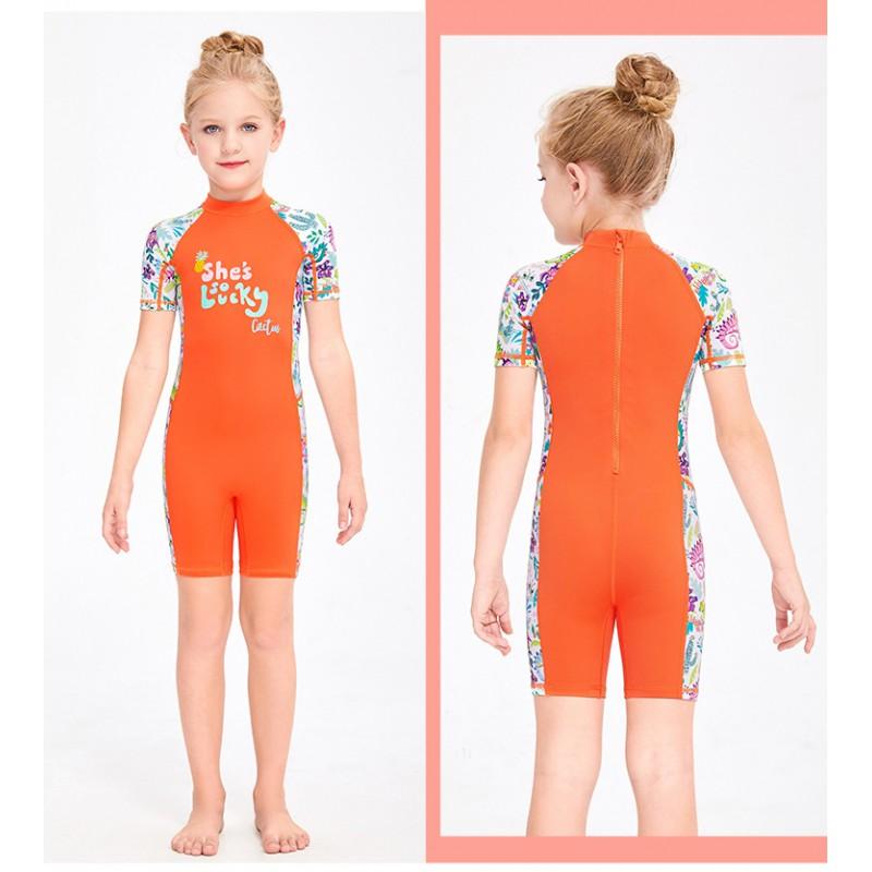 Children's Swimsuit Girl Middle Small Children One-piece Short-sleeved Box-suit Baby Sunscreen Quick-drying Hot