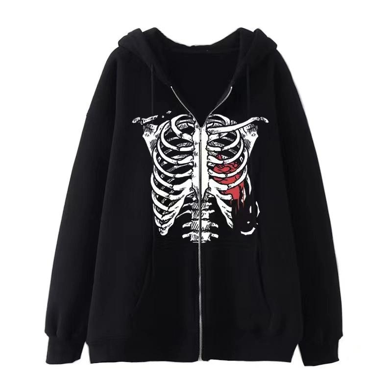 New European and American Dark Butterfly Skull Print Zipper Hoodie Fall and Winter Casual Fashion Sweatshirt