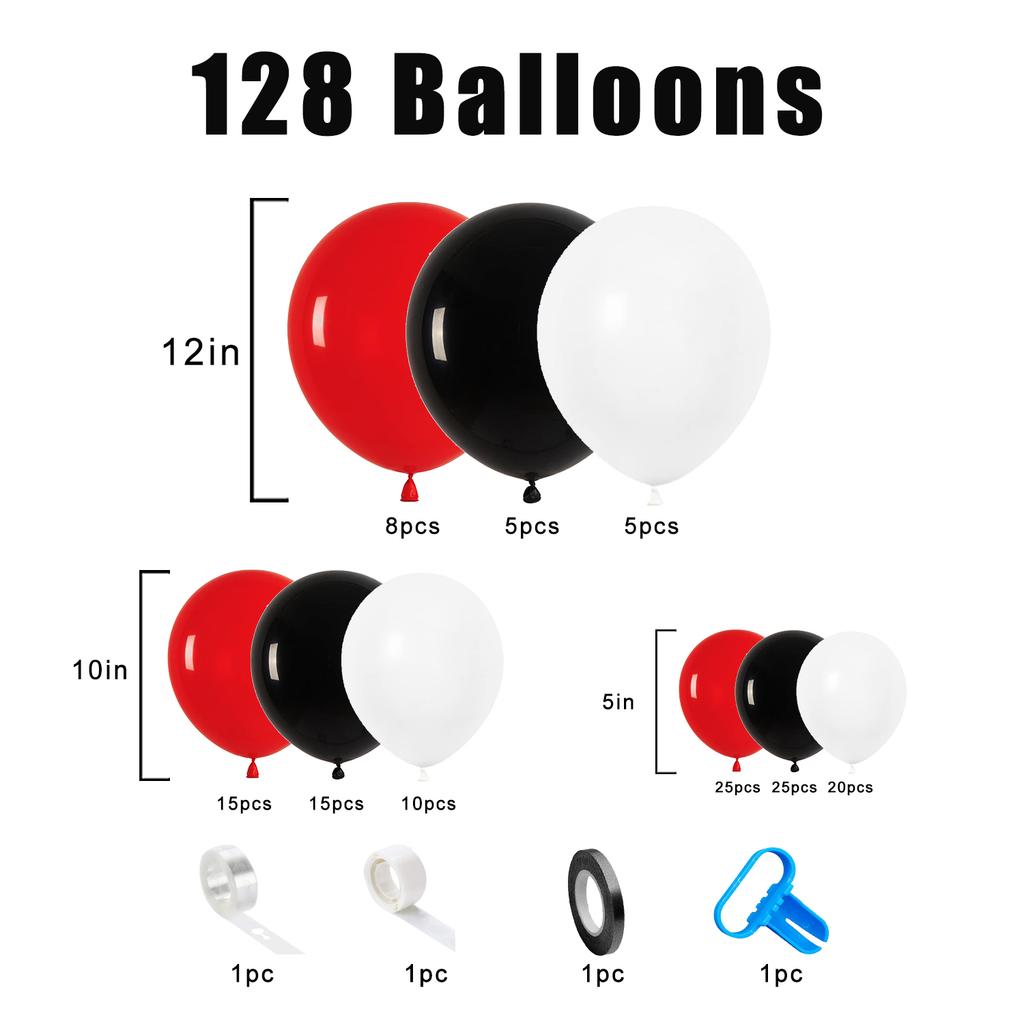 128Pcs Red, White, Black Latex Balloon Set Suitable for Birthday Parties, Weddings, Valentine's Day Party Decoration