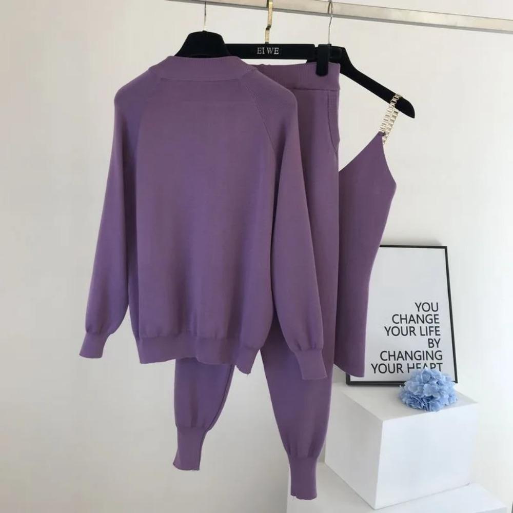 3 Piece Set Women Knitted Set Zipper Cardigan Jacket+pencil Pant+camisole Matching Sets Purple Black Khaki Outfits for Women