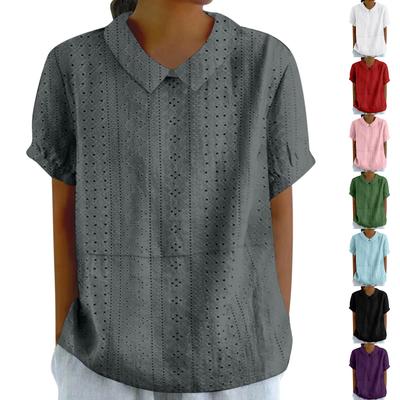 Chemisier d'été en lin à manches courtes et col de poupée pour femme, ample, couleur unie, décontracté, boutonné, patchwork