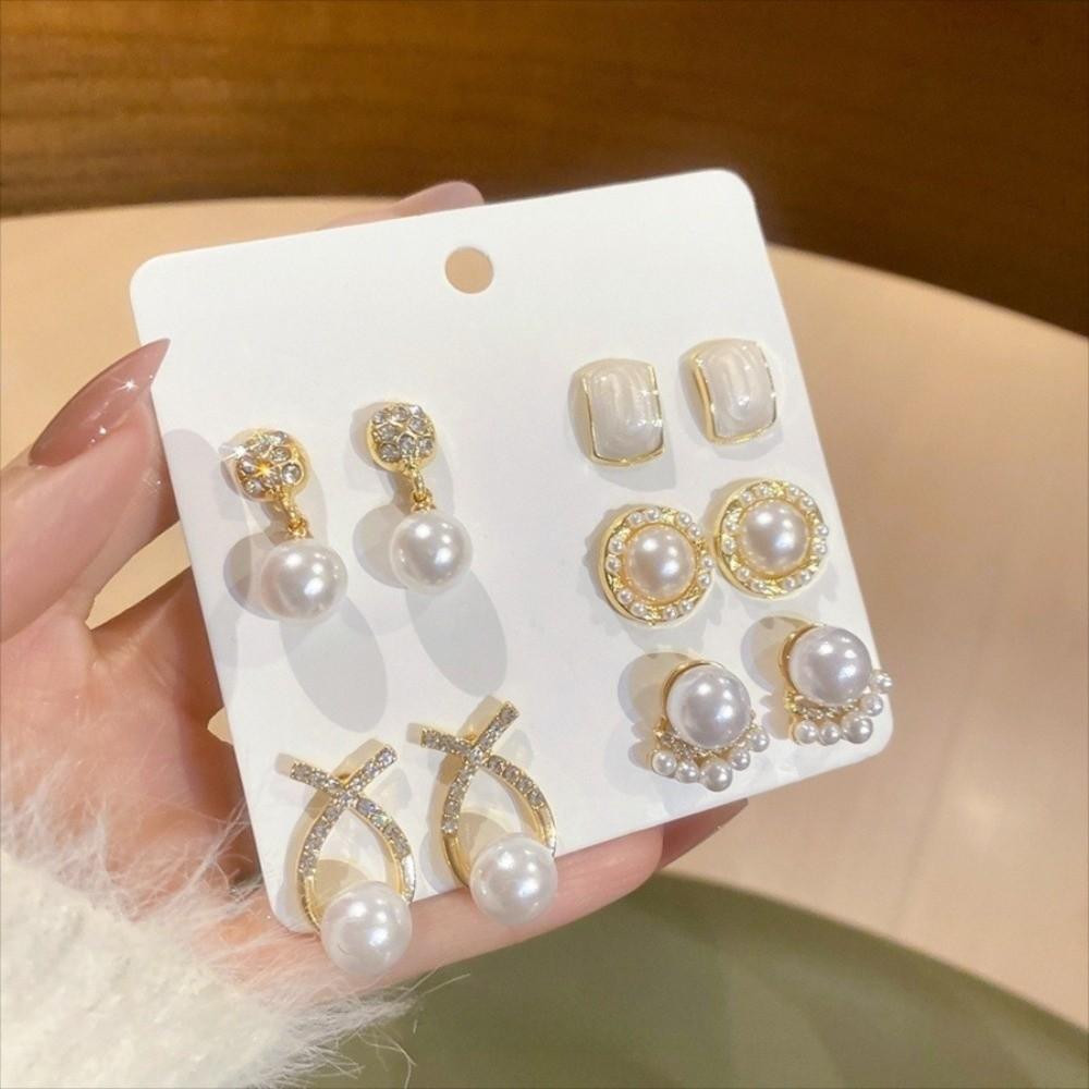 

Elegant Simulated Pearl Earrings Round Square Small Imitation Pearl Earrings French Ear Studs for Women Daily Jewelry Sets