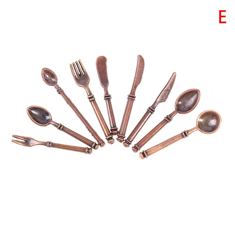 9Pcs/set Vintage Dollhouse Miniatures Tableware Mini Cutlery Knife Fork Spoon Childrens Toy For Doll House Decor