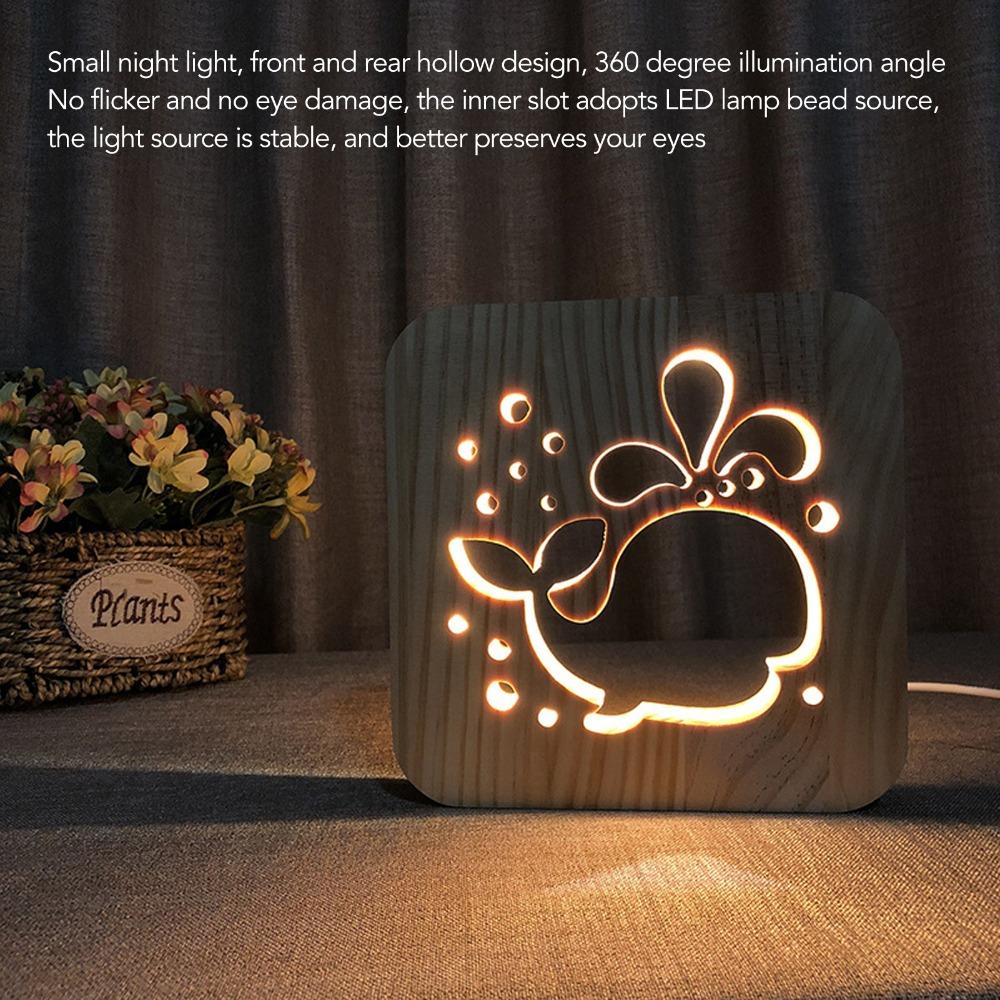 Whale Pattern Wooden 3D LED Light Hollow Carving 3D Wood Light  Gift Novel