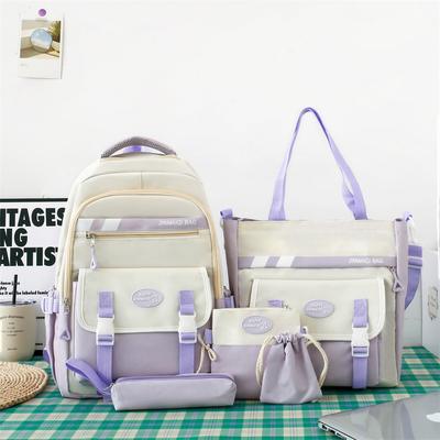 Five-Piece Backpack Set Women Primary School Schoolbag Grade Four, Five and Six Backpack College Style Color Block Backpack