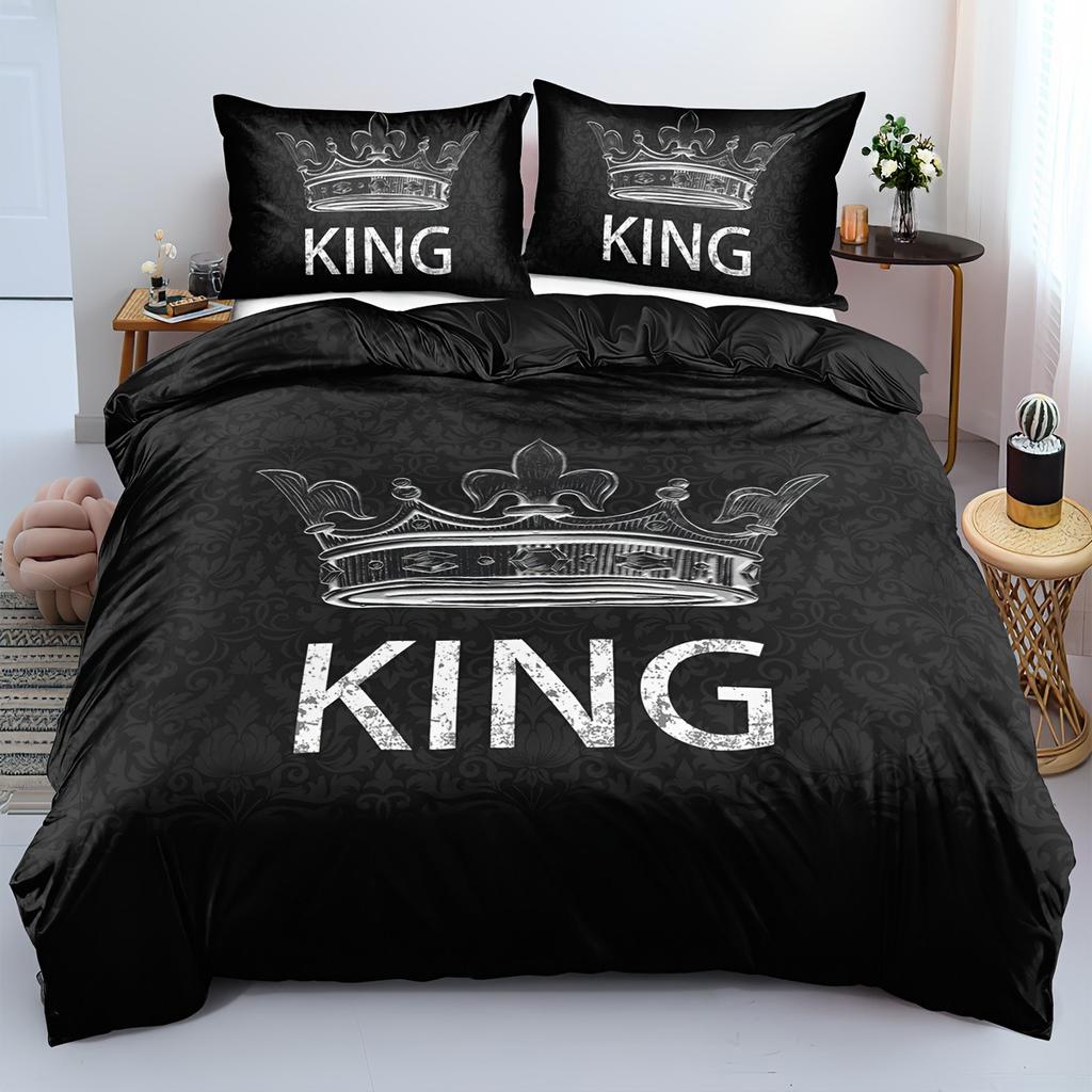 Königskrone Bettbezug King Size Grau Schwarzer Hintergrund Kronenprint Bettdeckenbezug Set 3 Teile Für Mädchen Jungen Teenager Schlafzimmer Dekoration
