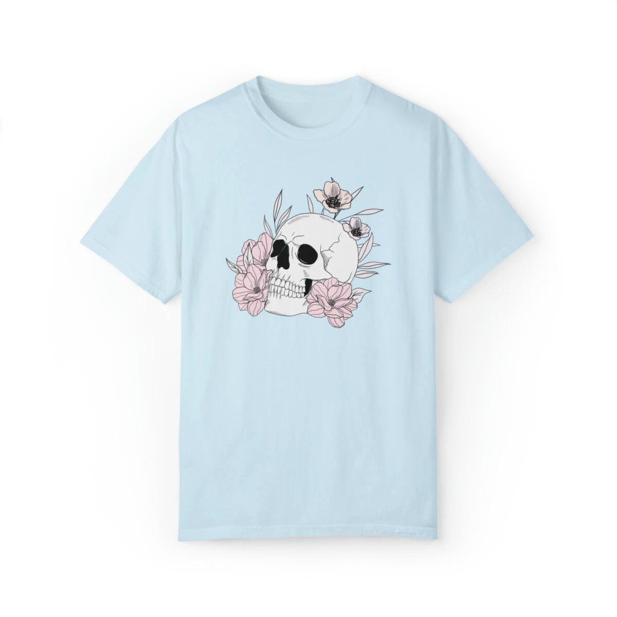 Skull Anatomy Shirt, Floral Flower Print Shirt, Pretty Halloween T-Shirt S