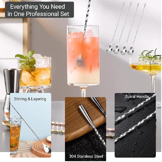 4-Piece Stainless Steel Bar Spoon, 12-inch Spiral Handle Cocktail Mixing Spoon for Bartenders & Home Bars, Long Drink Stirrer for Coffee, Milkshake,