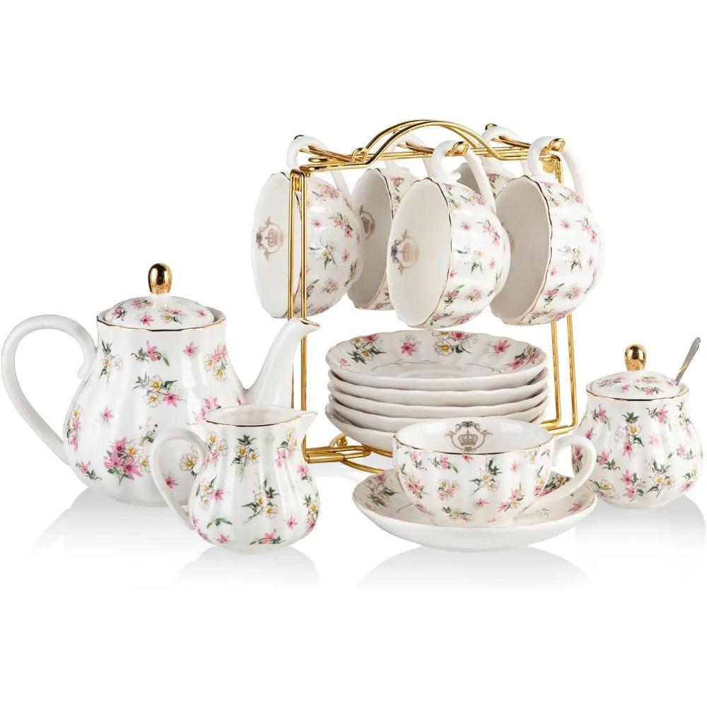 Seturi de Ceai din Porțelan Seria Regală Britanică, Căni de 8 OZ și Serviciu de Farfurii pentru 6 persoane, cu Ceainic, Zaharniță, Cremier, Lingurițe