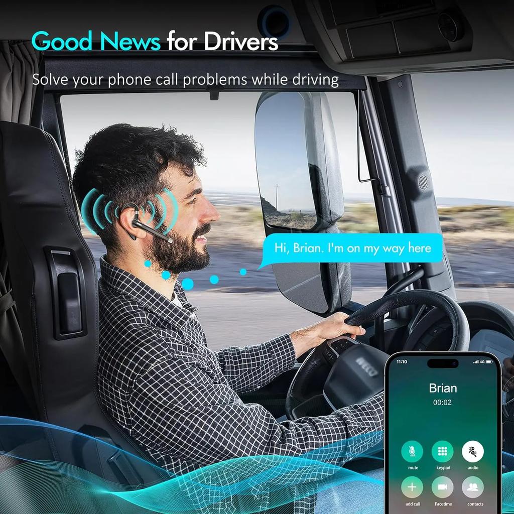Business Bluetooth Earpiece Wireless Handsfree Headset 60 Hrs Driving Headset with Noise Cancelling Mic Headset for Truck Driver