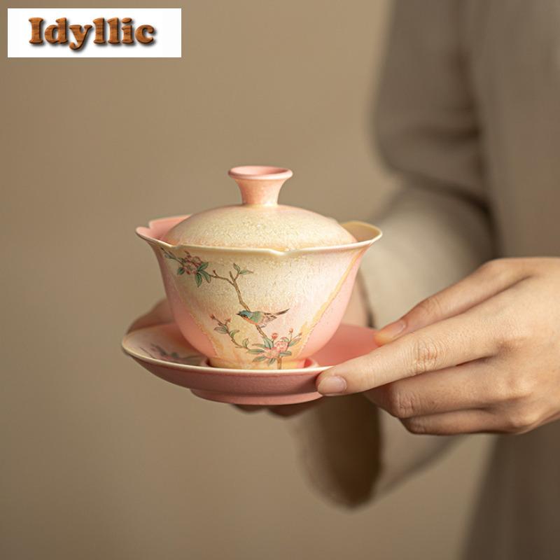 150ml Crystal Glaze Flower And Bird Gaiwan Creative Tea Tureen Tea Bowl With Lid Kit Tea Brewing Cover Bowl For Tea Decoration