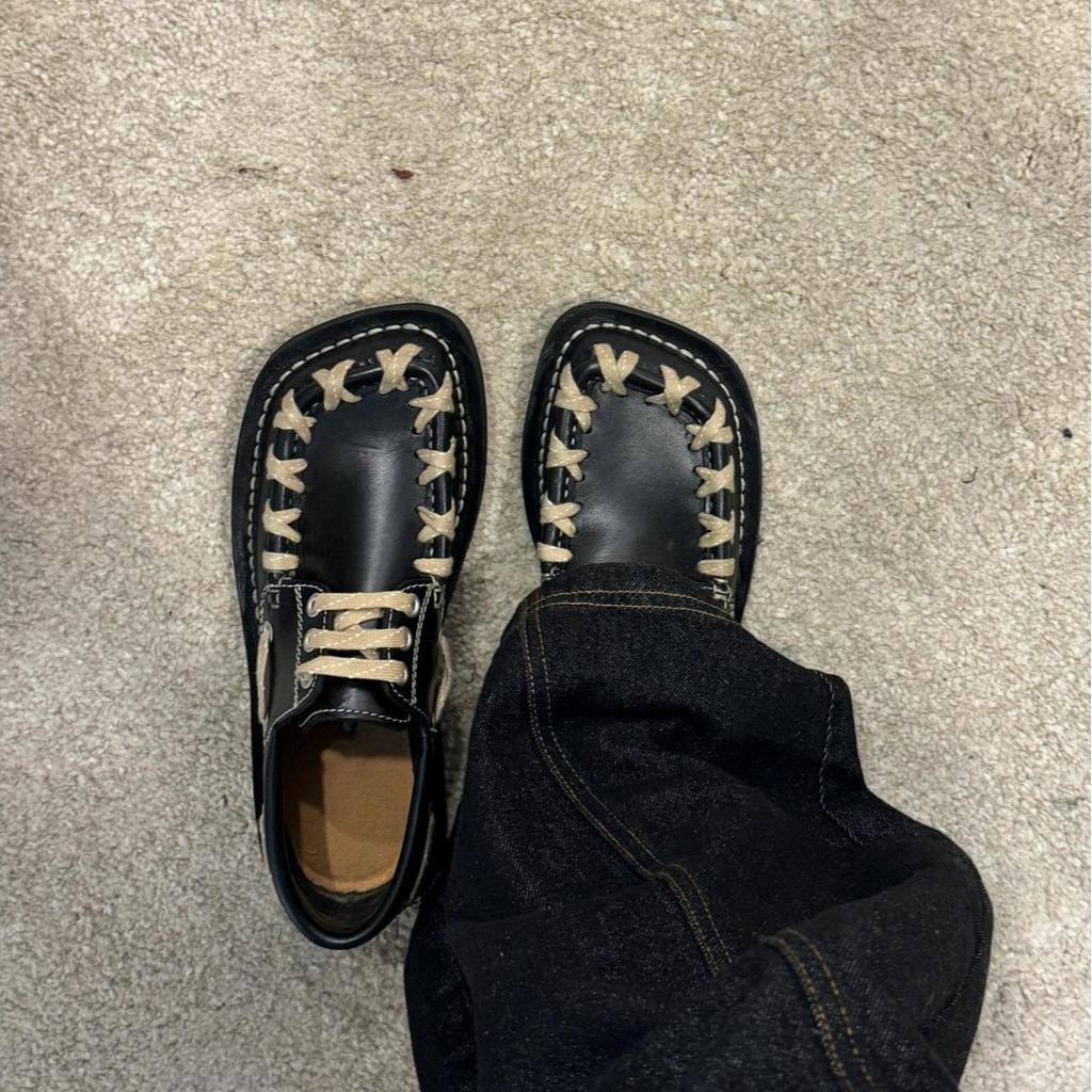 Commuter leather shoes men's and women's niche casual loafers retro woven design square head derby shoes