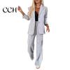 Women Commuter Suit 2 Pcs/Set Lady Formal Coat Pants Set Turn-down Collar Single-breasted Long Sleeves Autumn Outfit Jacket Loose Striped Wide