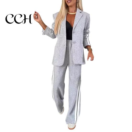 Women Commuter Suit 2 Pcs/Set Lady Formal Coat Pants Set Turn-down Collar Single-breasted Long Sleeves Autumn Outfit Jacket Loose Striped Wide