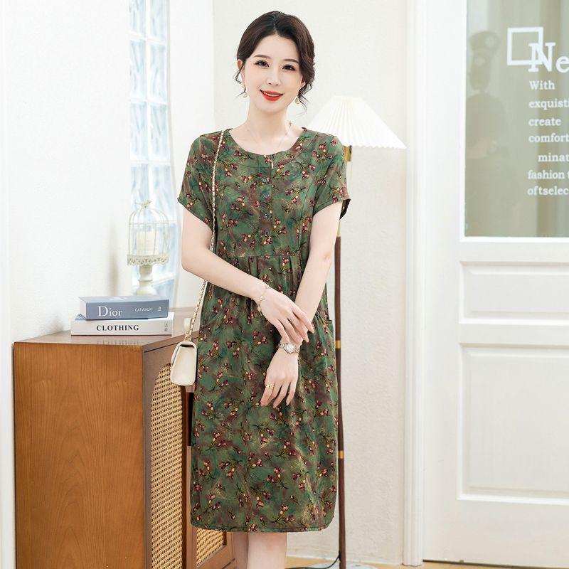 New Arrival Summer Cotton-Silk Knee-Length Loose Plus Size Short-Sleeved Dress for Mom