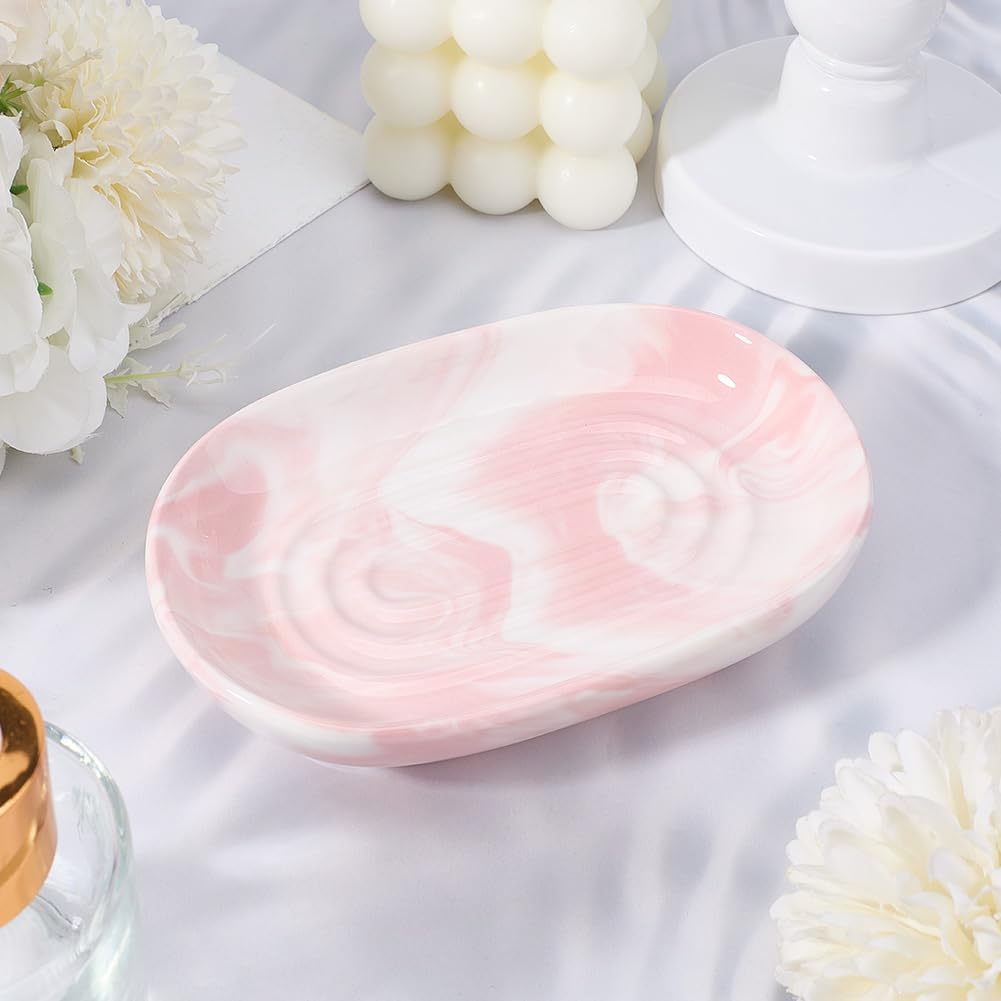 CREATCABIN Ceramics Soap Dish Soap Holder Pink Texture Handcrafted Fancy Multi-Purpose Soap Bar Holder Marble Textures Oval Soap Tray Non-Slip for