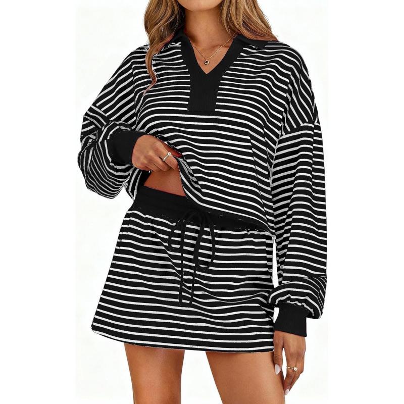 2026 Korean-European Style Striped Lapel Long Sleeve Shorts Casual Set Small