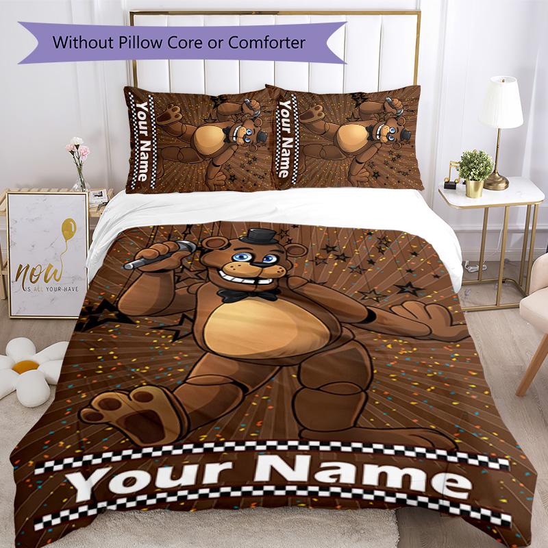 3pcs Freddy Bear1 Cover Set - Personalized Name, HD Printed Bedding with 1 Cover and 2 Pillowcases - Perfect for Home Decor, Easy Care