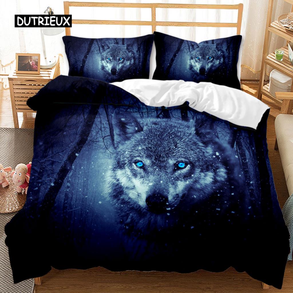 Wolf Duvet Cover Set 3D Animal Theme Bedding Set Retro Cool Wild Wolf Blue Sky Double Queen King Size Soft Polyester Qulit Cover
