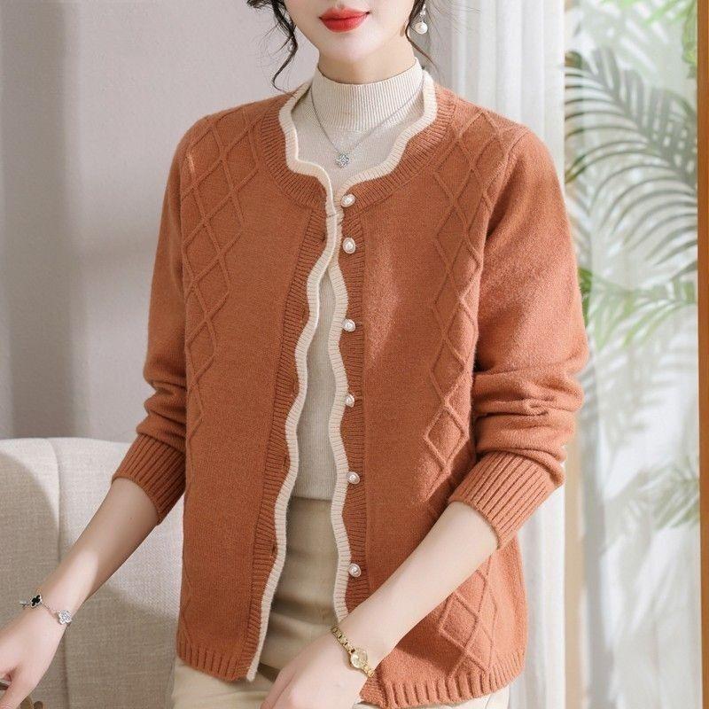 

New Women s Spliced Round Neck Buttons Fashionable Solid Color Loose Versatile Knitted Cardigan Long-sleeved Top M