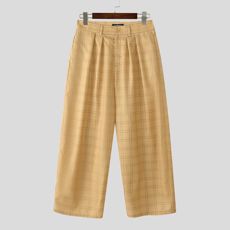 

INCERUN Мужские повседневные свободные длинные клетчатые брюки на молнии жёлтый