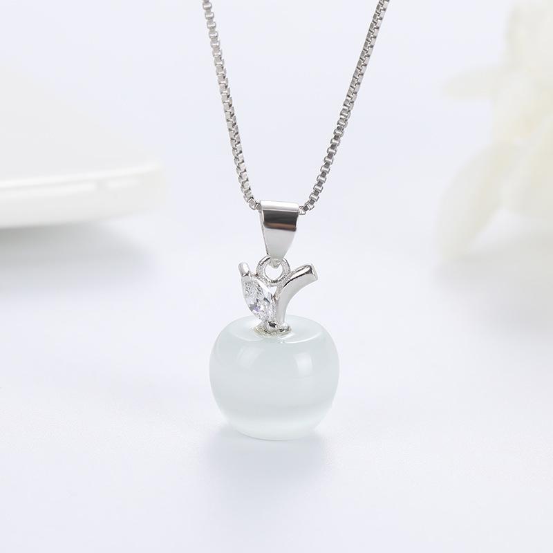 Cat's Eye Moonstone Apple Necklace: Silver-Plated Platinum Pendant for Women