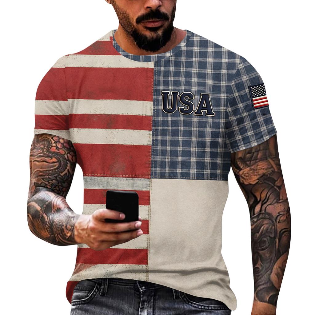 Męska luźna i casualowa koszulka z nadrukiem flagi, koszulka z krótkim rękawem