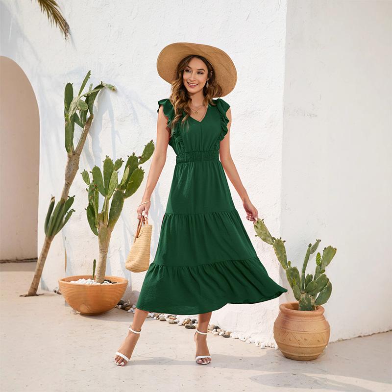 Women's V-Neck High Waist Tiered Ruffle Maxi Dress Casual Smocked Beach Vacation Long Dress