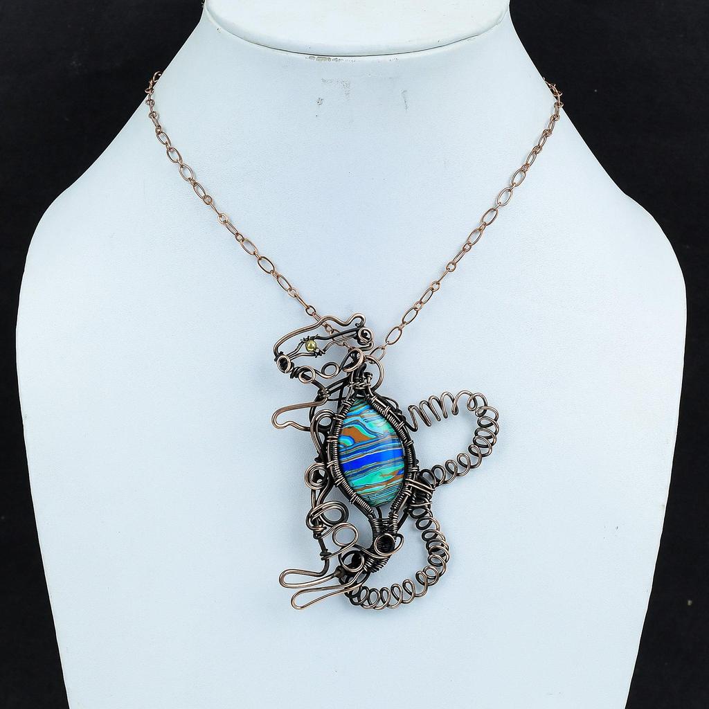 Rainbow Calsilica Pendant Copper Wire Wrapped Pendant Rabbit Pendant Original Gemstone Jewelry Handmade Pendant Copper Jewelry Gifts For Her